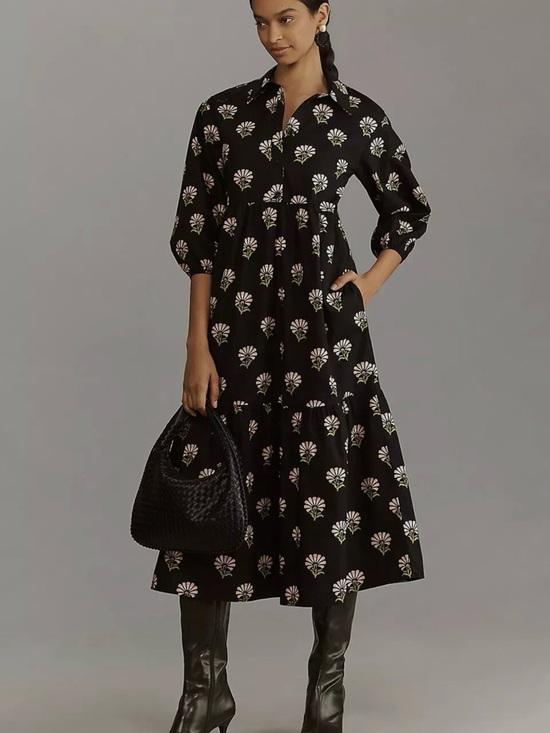 Maeve Dresses & Skirts - Maeve Bettina Shirt Dress Anthropologie Tiered Buttondown Black Floral